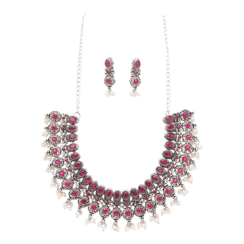 Ethnic echo stone studded rope neckpiece set (Red)