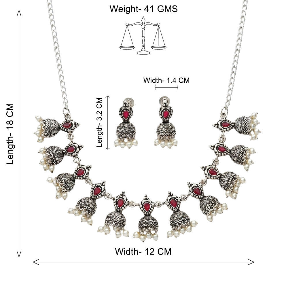 Traditional jharokha stone studded chain neckpiece set (Red)