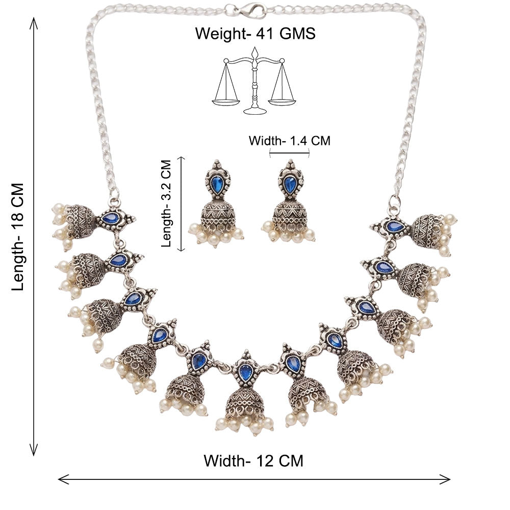 Traditional jharokha stone studded chain neckpiece set (Blue)