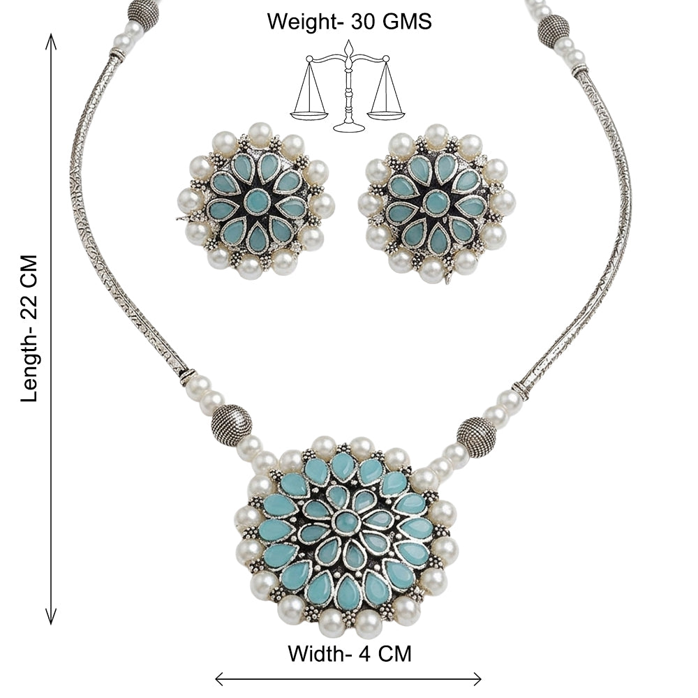 Crystal bloom oxidised chain neckpiece set (Mint)
