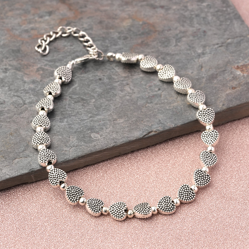 Heart oxidised bead anklet (Silver)