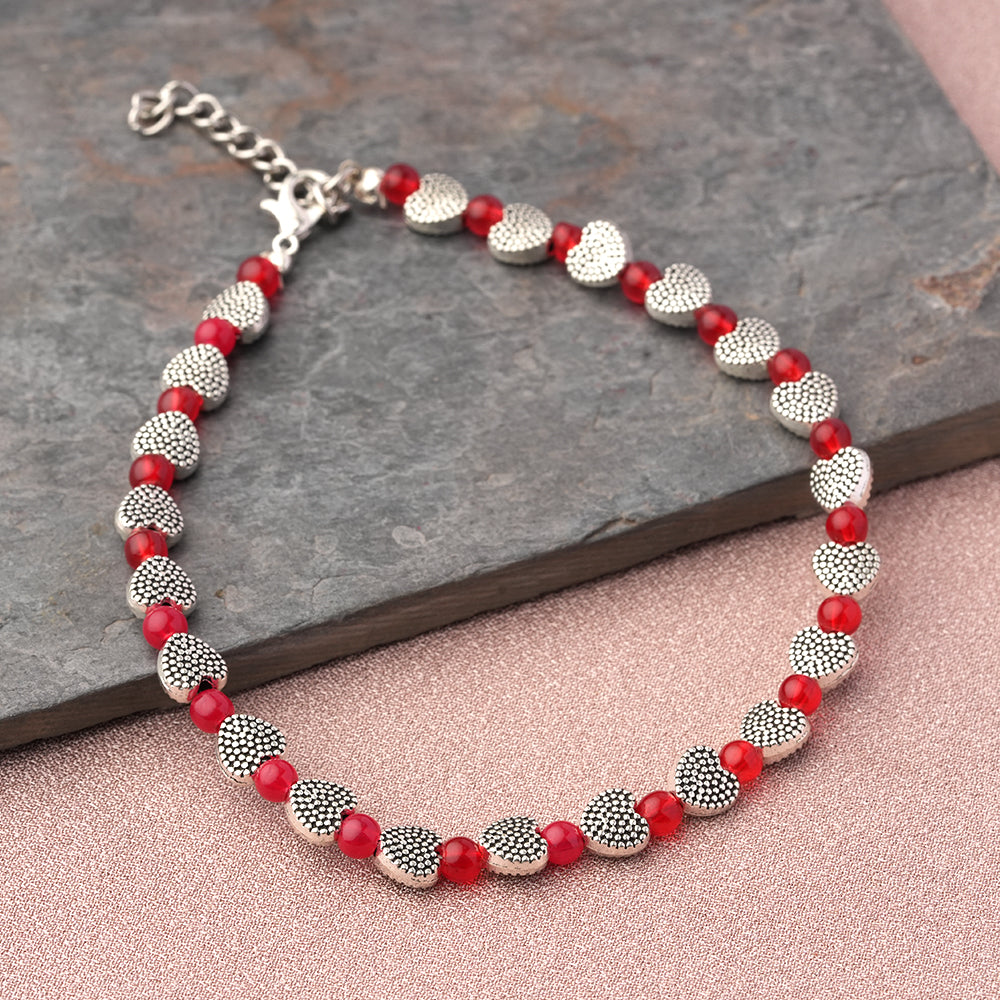 Heart oxidised bead anklet (Red)