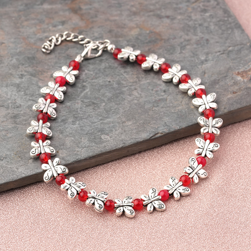BlossomButterfly beaded anklet (Red)