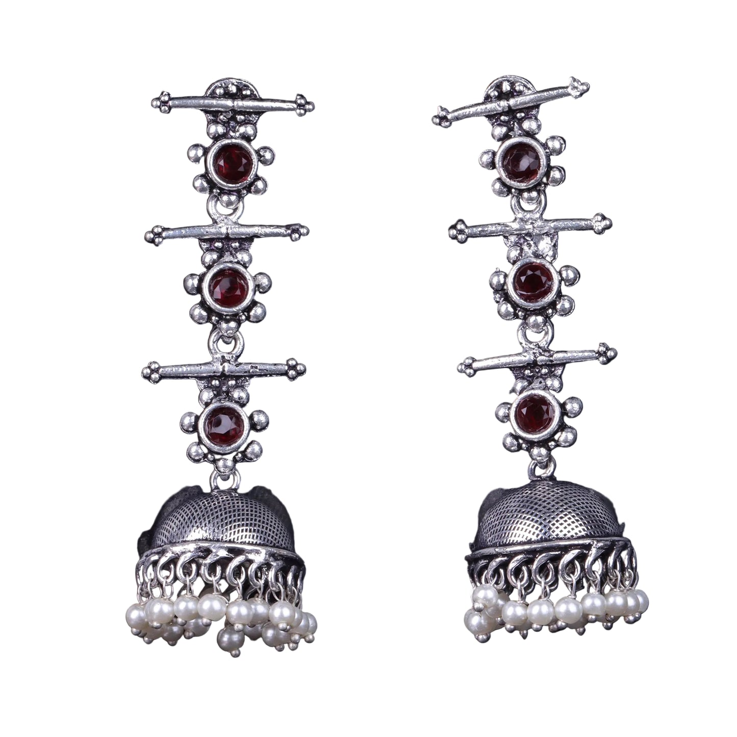 Royal Triple Bell Layered Jhumka Earring (Dark Maroon)