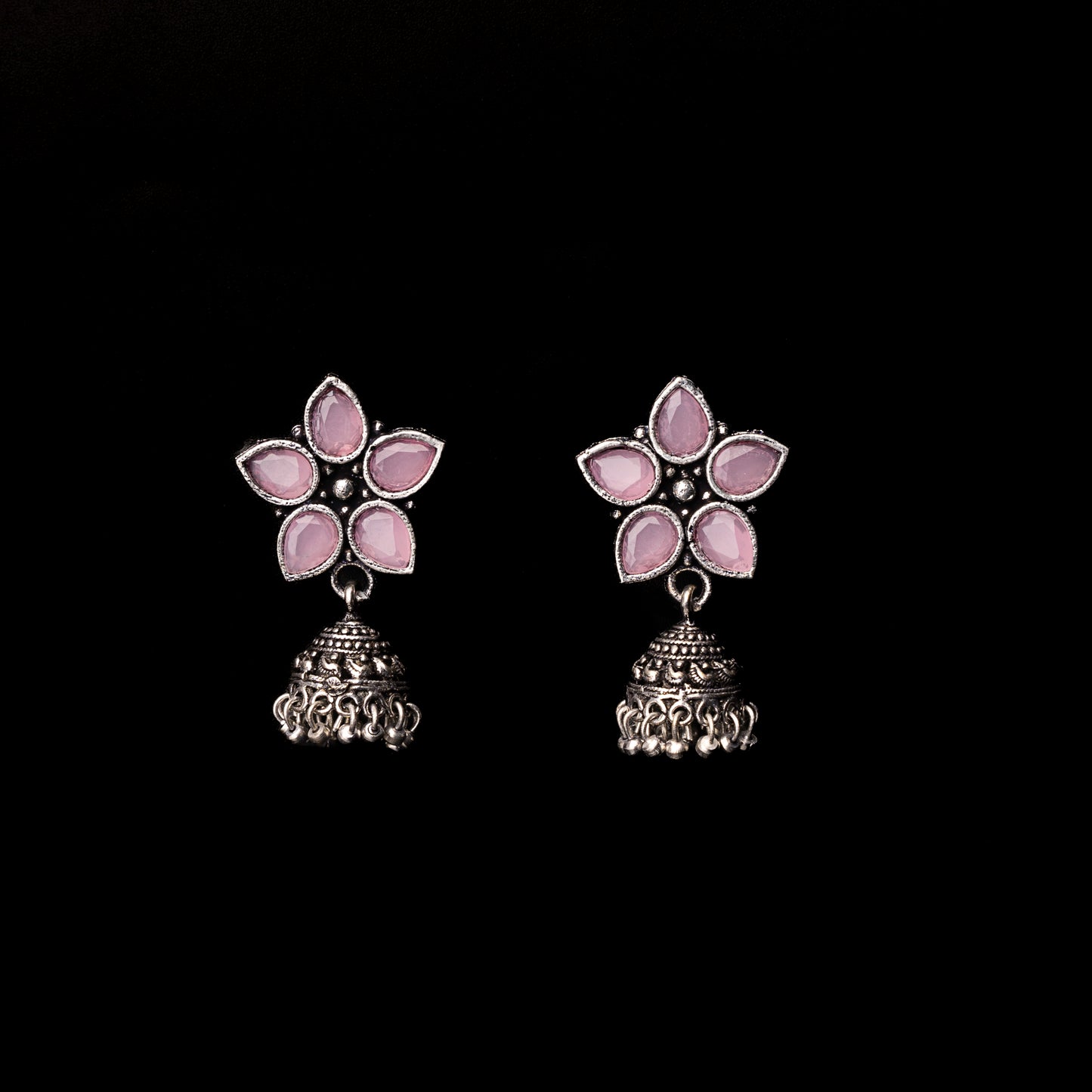 Baby Pink Stone Studded Oxidised Dangler With Hanging Jhumki Earrings