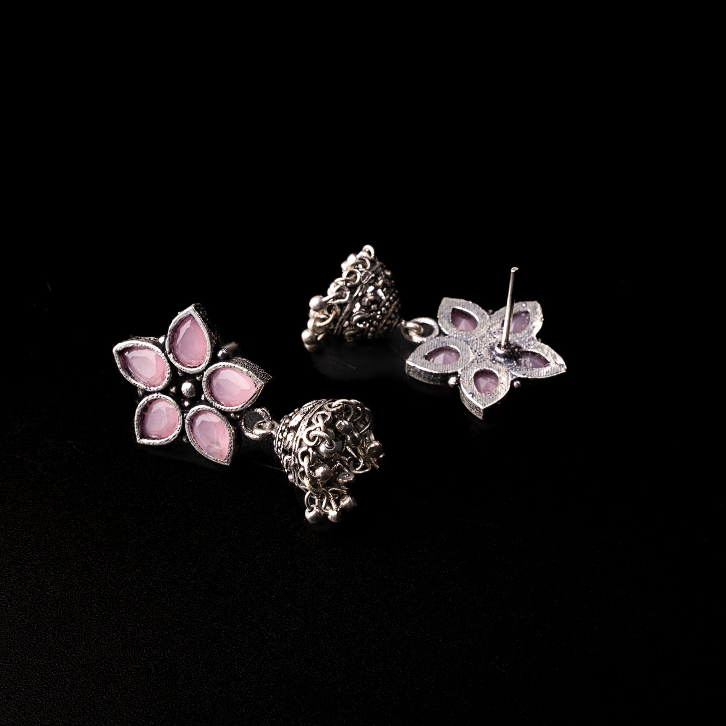 Baby Pink Stone Studded Oxidised Dangler With Hanging Jhumki Earrings
