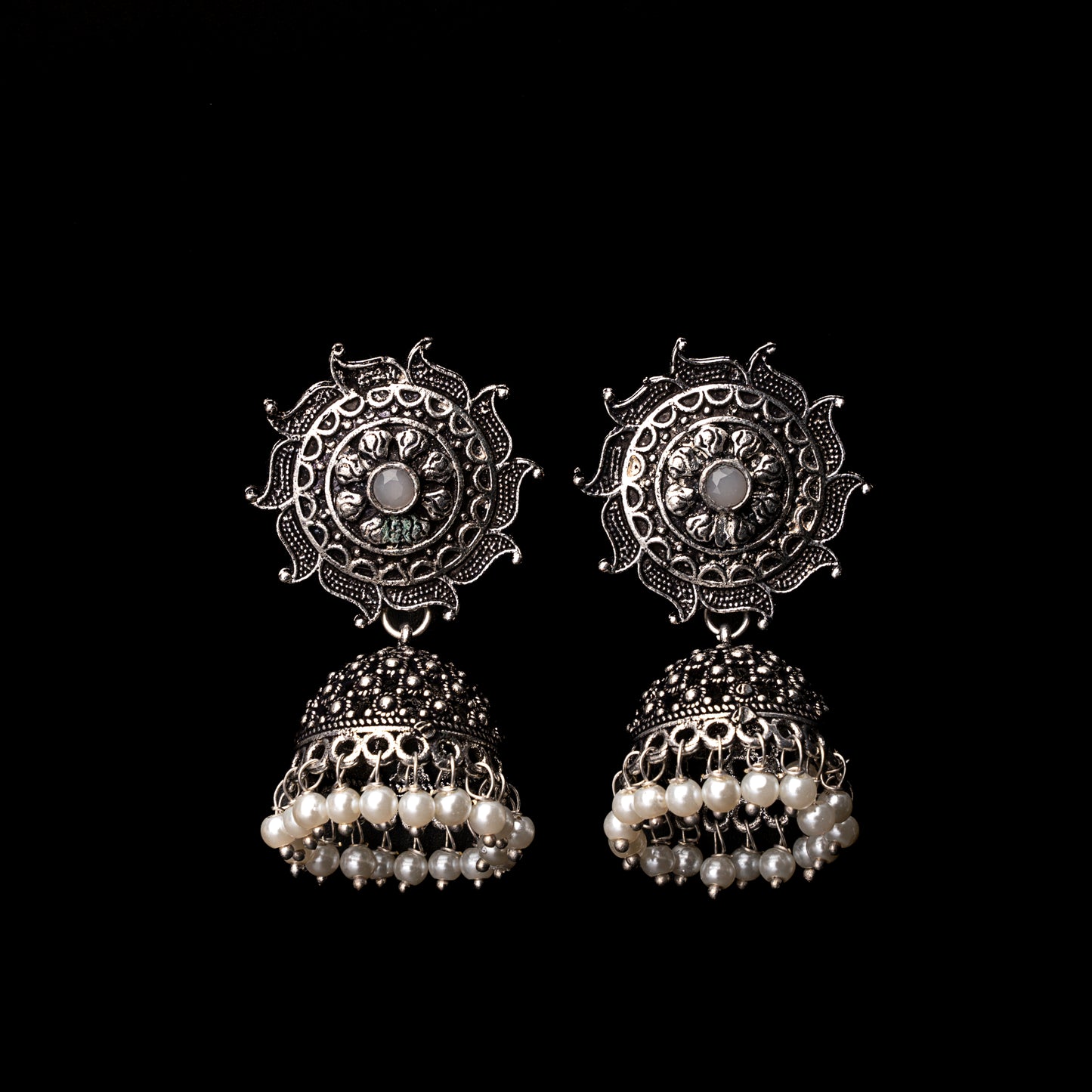 Grey Stone Studded German Silver Statement Earrings With Brass Jhumki