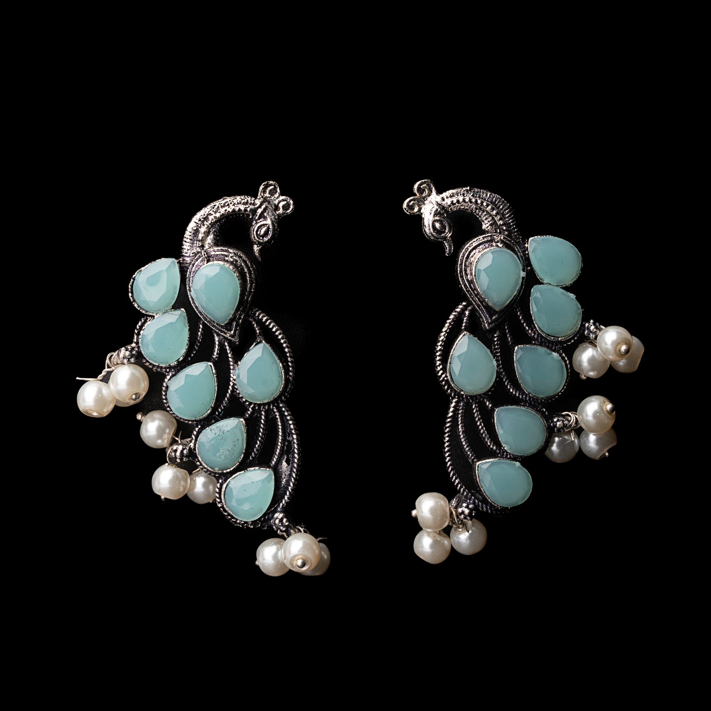 Mint Stone Studded Peacock Shaped Earrings With Hanging Pearls