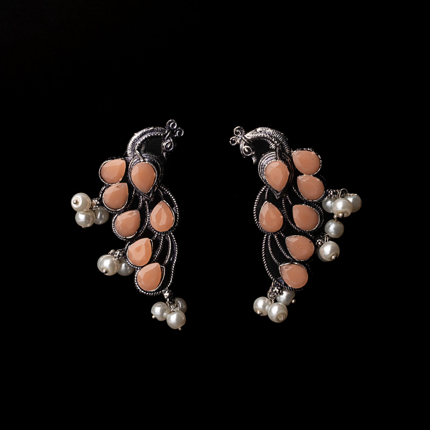 Light Orangish Stone Studded Peacock Shaped Earrings With Hanging Pearls