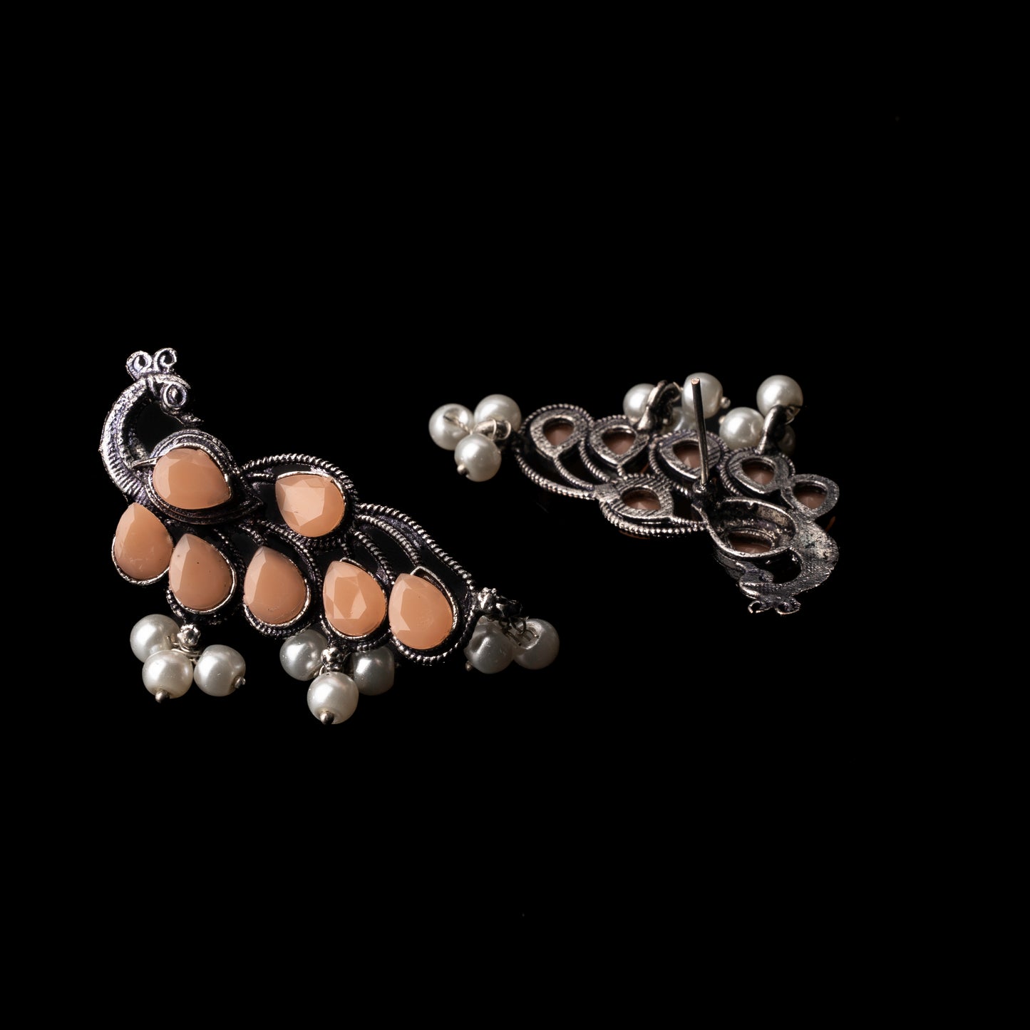 Light Orangish Stone Studded Peacock Shaped Earrings With Hanging Pearls