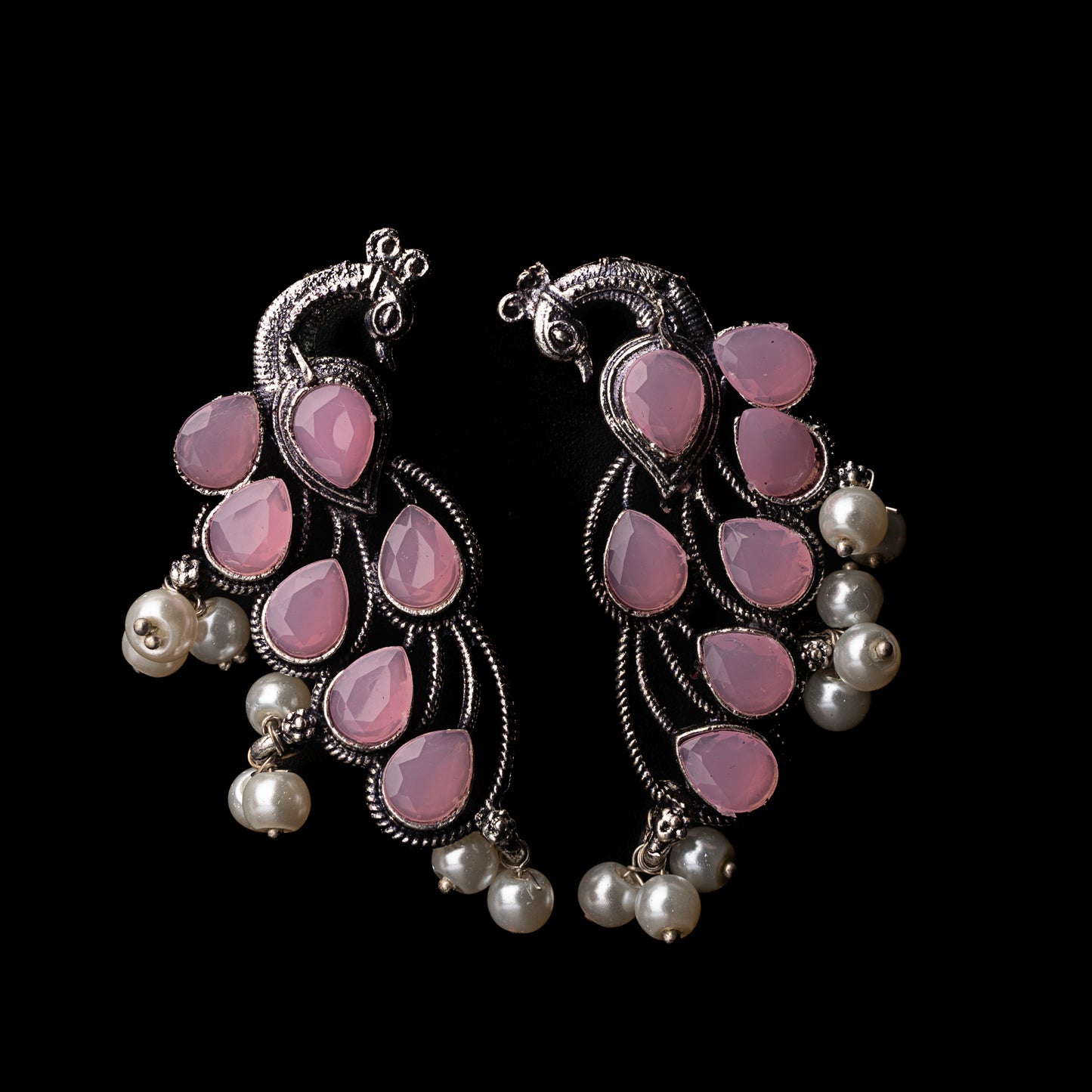 Baby Pink Stone Studded Peacock Shaped Earrings With Hanging Pearls