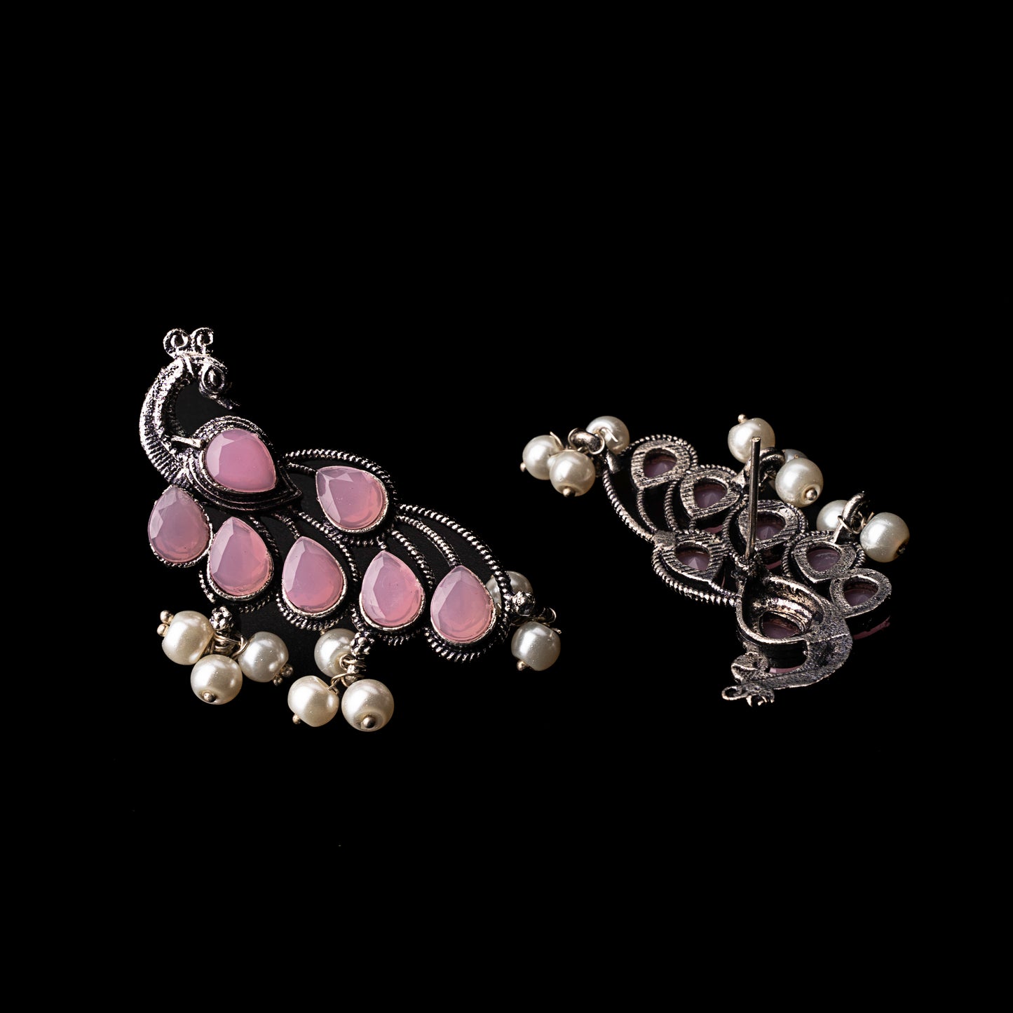 Baby Pink Stone Studded Peacock Shaped Earrings With Hanging Pearls