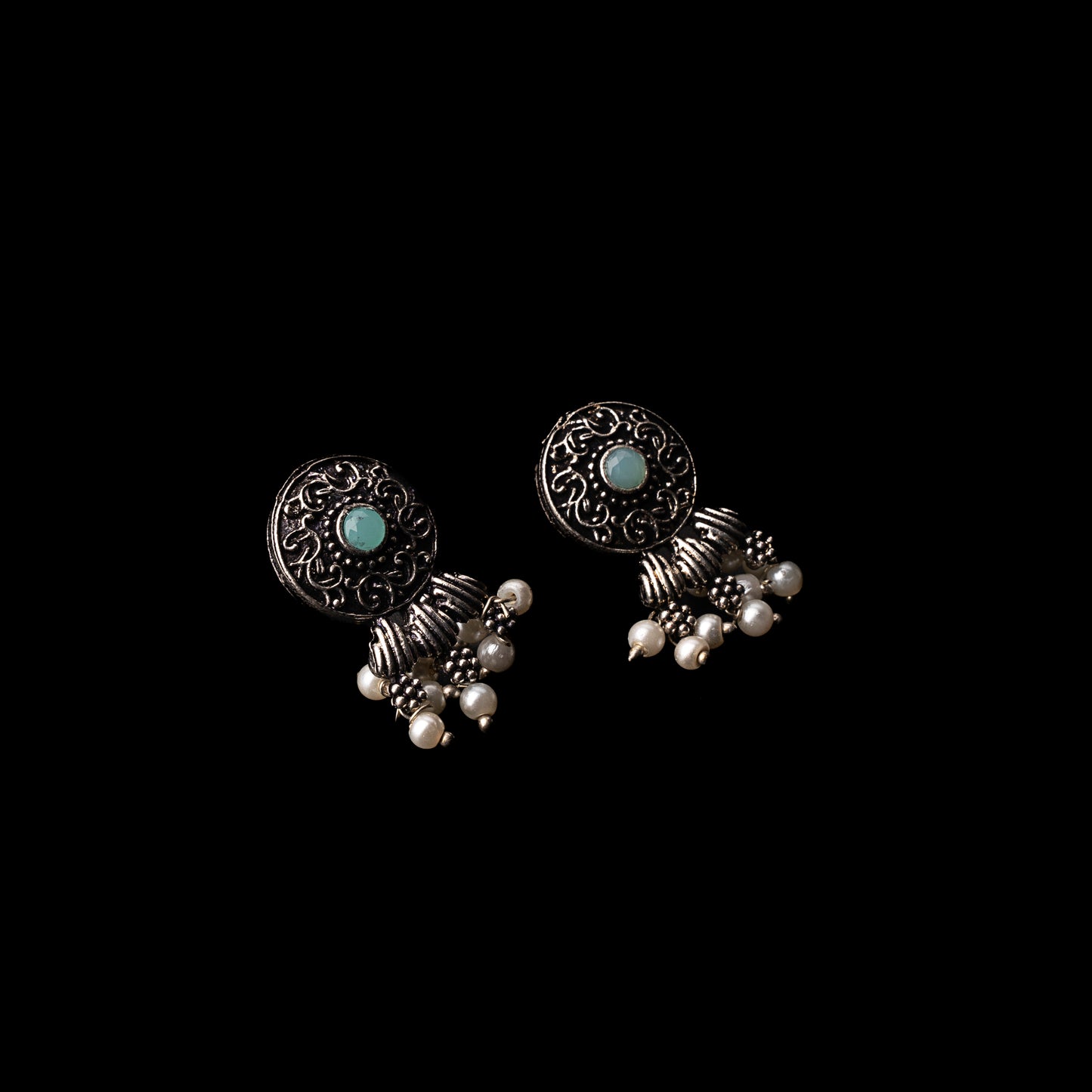 Mint Stone Studded Elegant Oxidised Stud Earrings