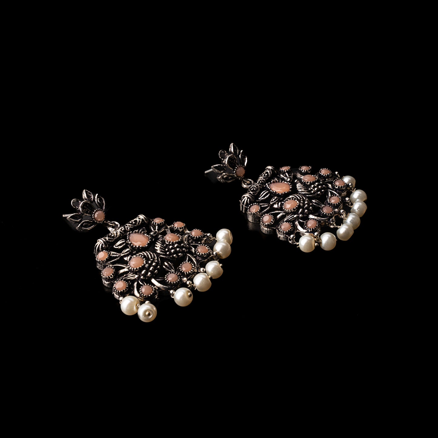 Peacock glow stone studded dangler earrings (Light Orange)