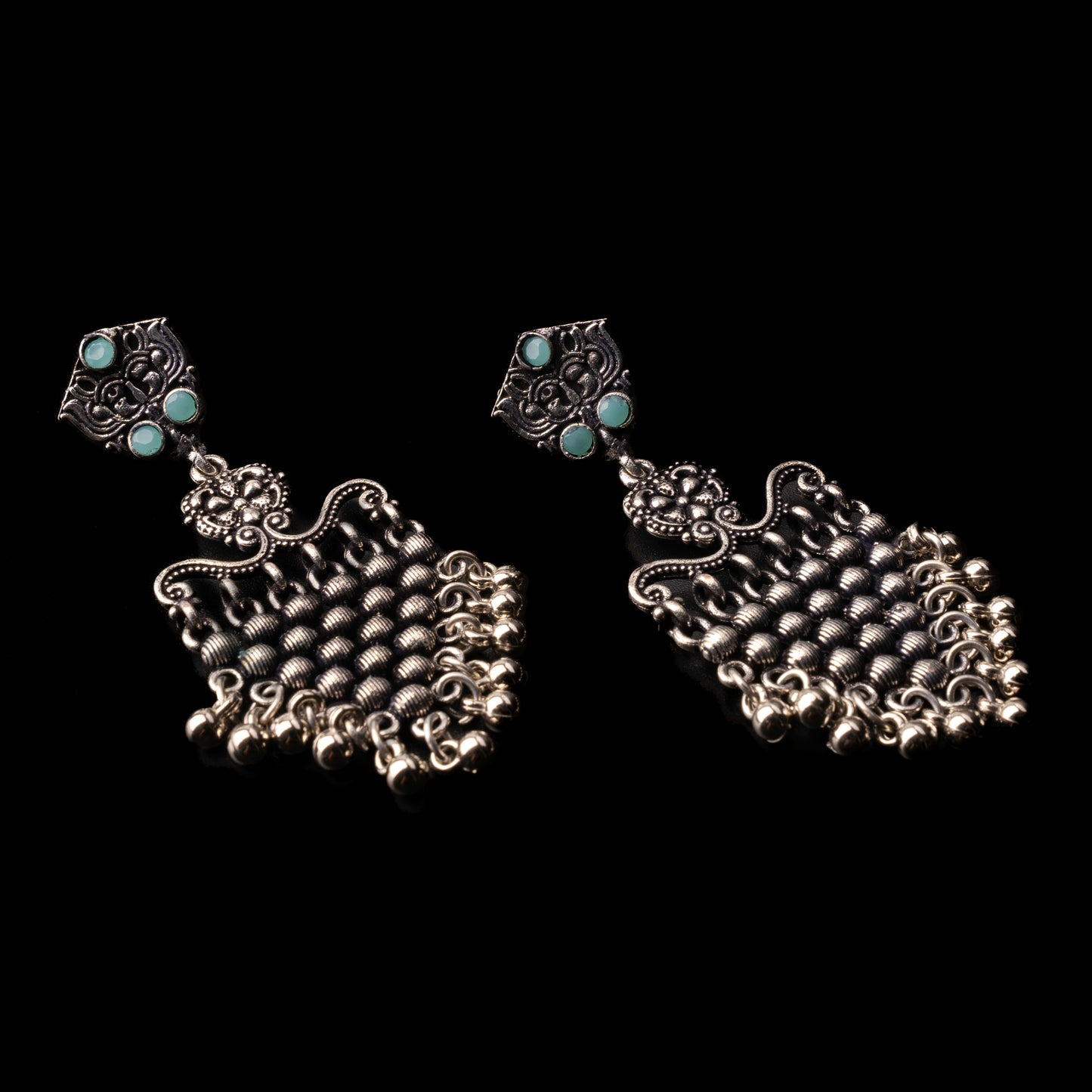 Mint Stone Studded Intricate Oxidised Dangler Earrings