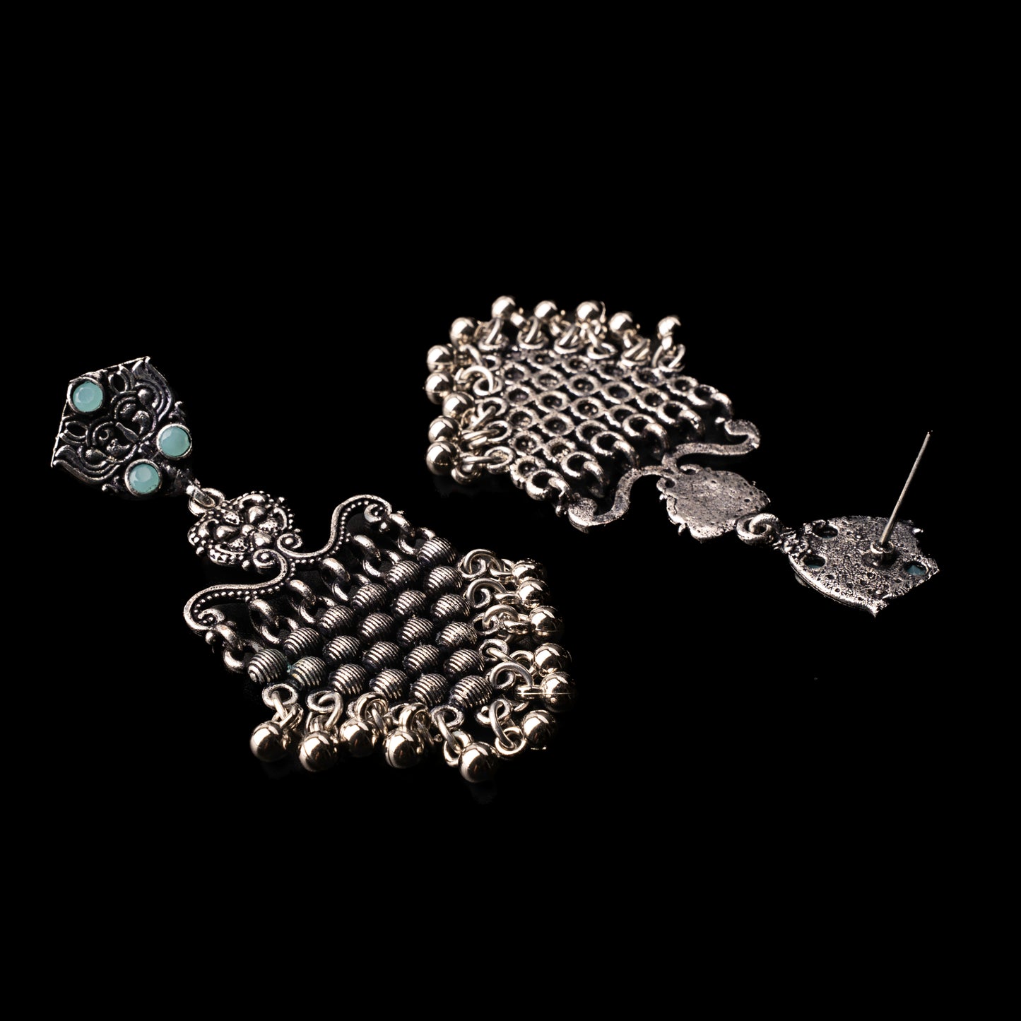 Mint Stone Studded Intricate Oxidised Dangler Earrings