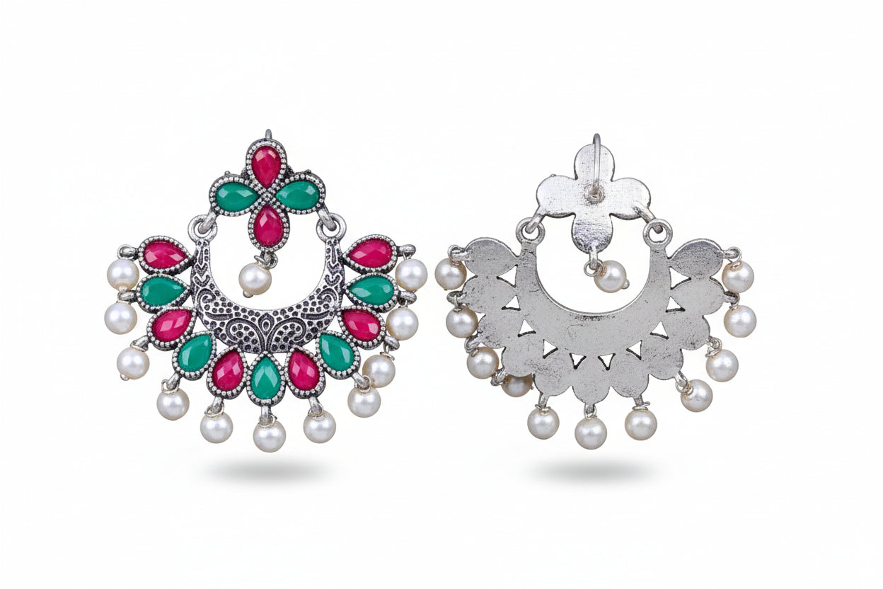 Multicolored Stone Studded Statement German Silver Dangler Earrings