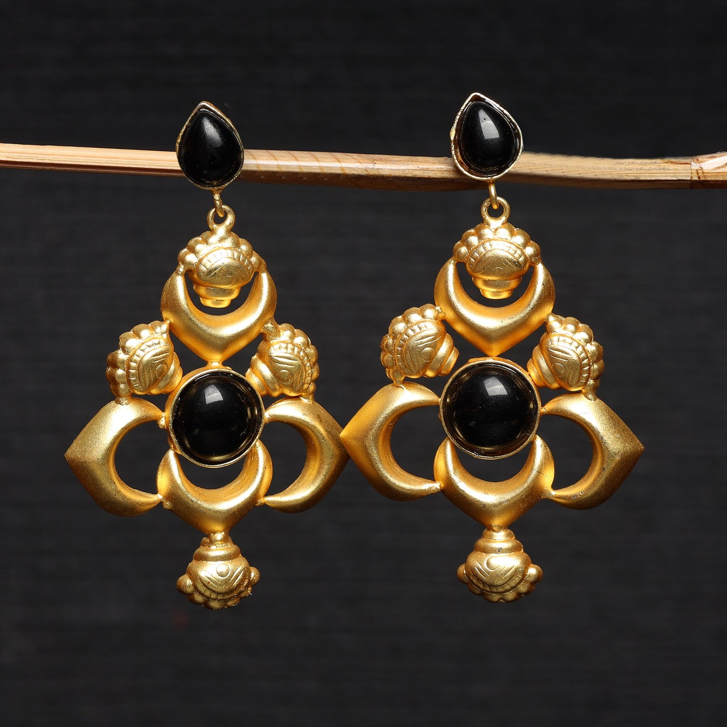 Black stone studded Matt finished Brass Danglers