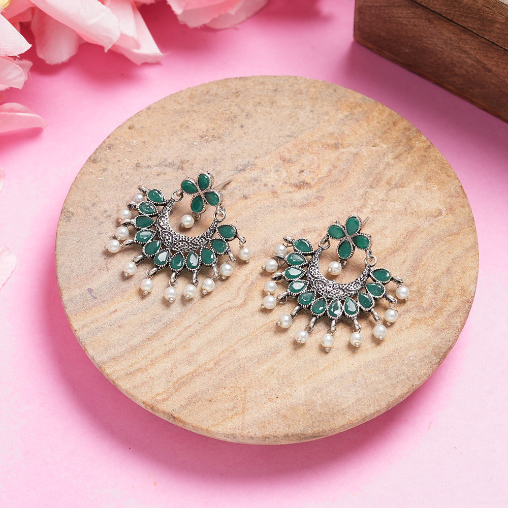 Green Stone Studded Statement German Silver Dangler Earrings