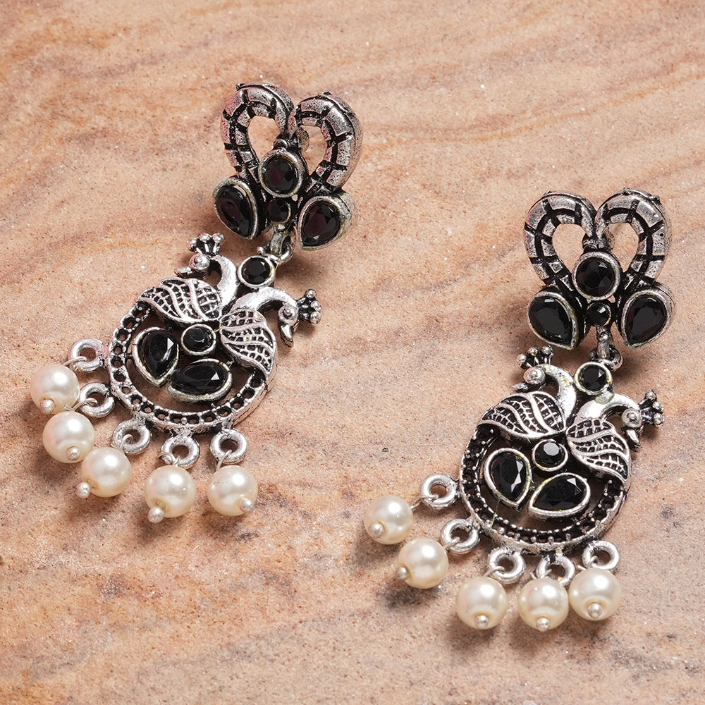Black Stone Studded Delicate Oxidised Earrings With Hanging Pearls