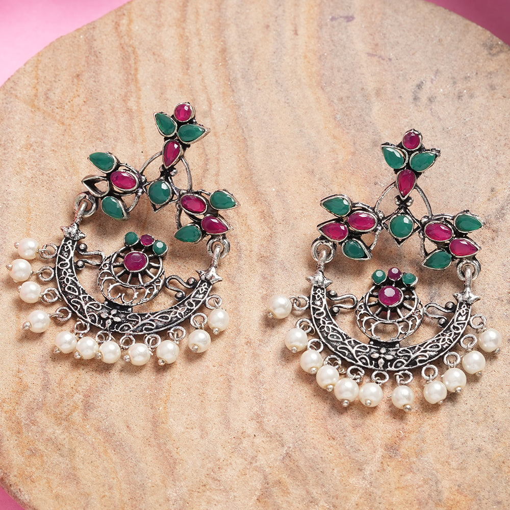 Multicolored Stone Studded Beautiful Oxidised Danglers With Hanging Baby Pearls
