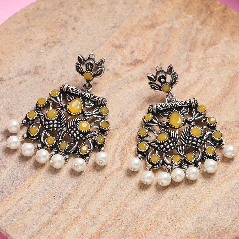 Peacock glow stone studded dangler earrings (Yellow)