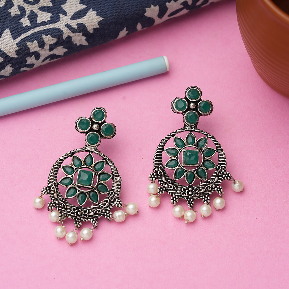 Green Stone Studded German Silver Stud Earrings With Hanging Pearls