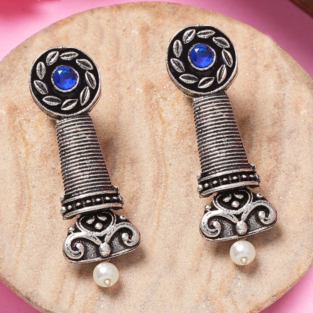 Blue Stone Studded Delicate Oxidised Earrings With Hanging Pearl