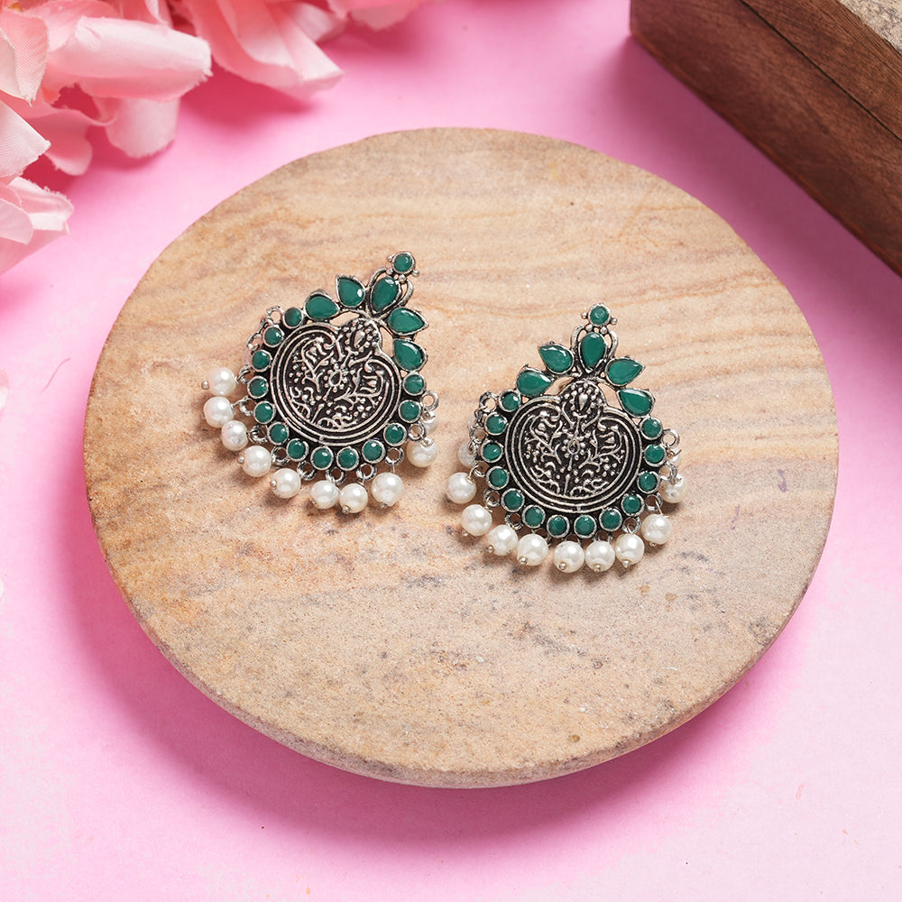 Green Stone Studded German Silver Statement Earrings