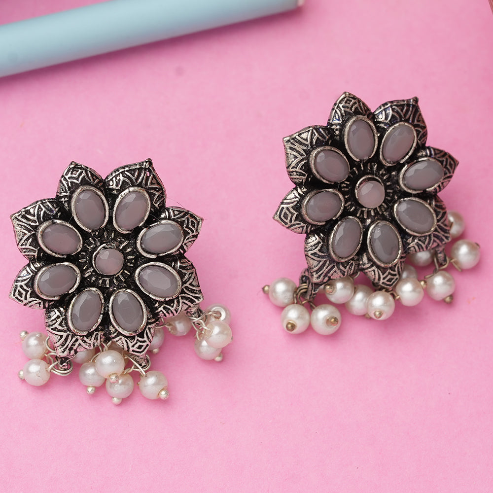 Grey Stone Studded Oxidised Earrings With Hanging Pearls