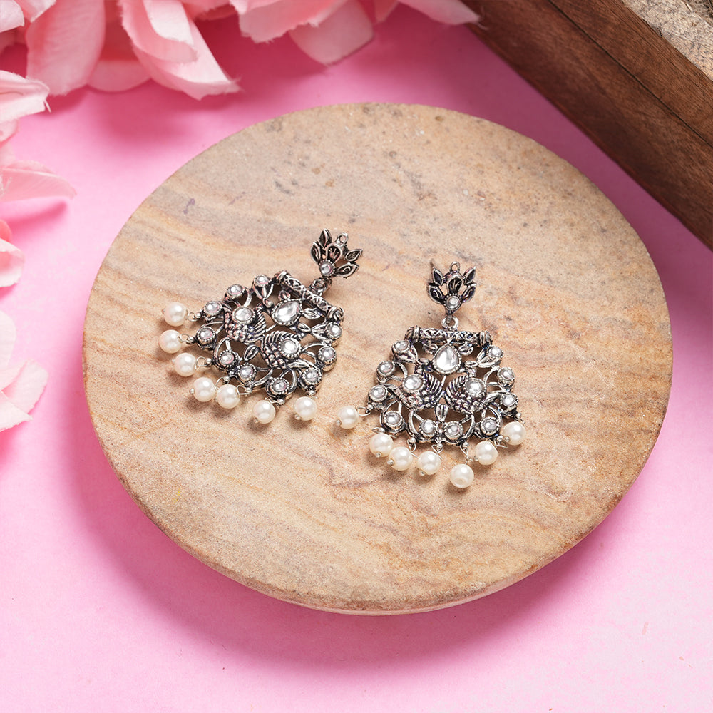 White Stone Studded Danglers With Hanging Pearls