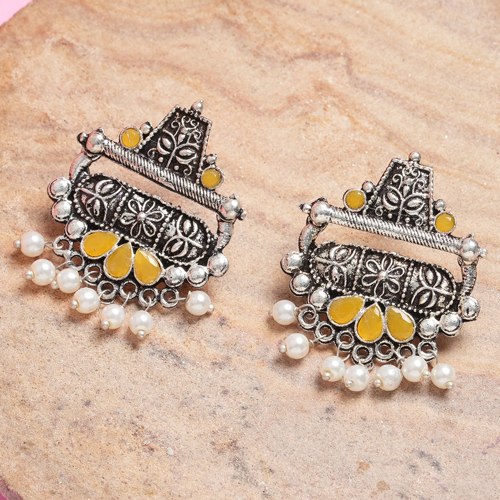 Yellow Stone Studded Oxidised Earrings With Hanging Pearl
