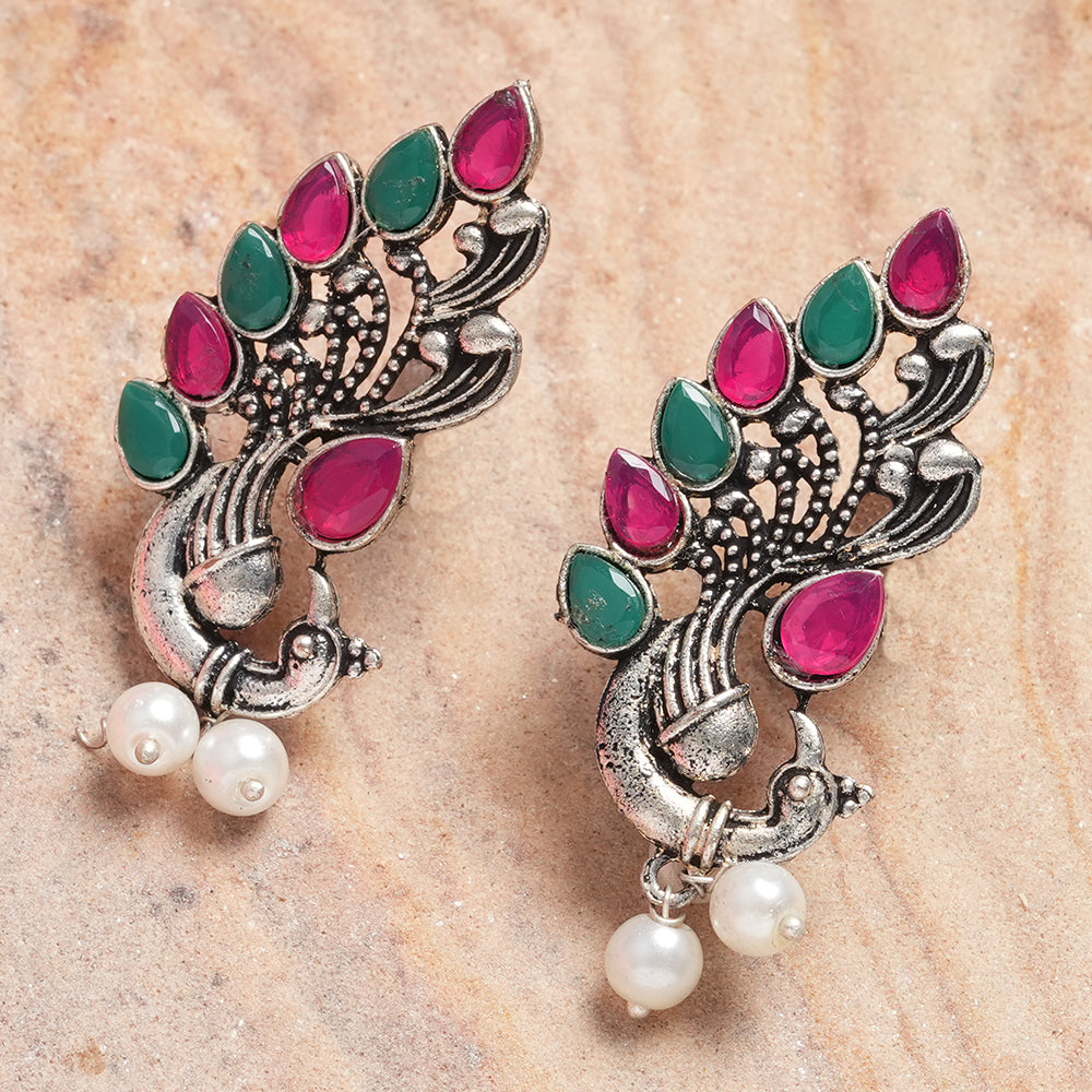 Multicolored Stone Studded Peacock Motif Stud Earrings With Hanging Pearls