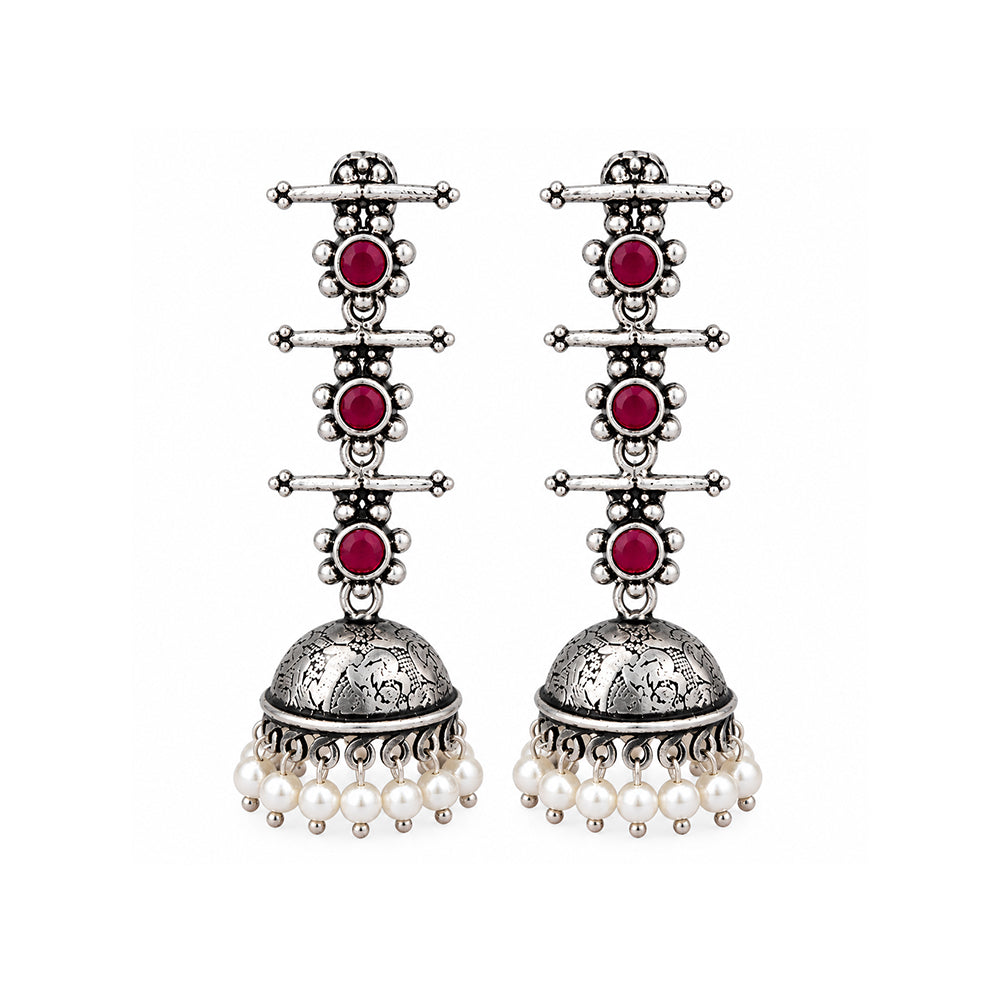 Charmbell Triple Bell Layered Jhumka Earring (Red)