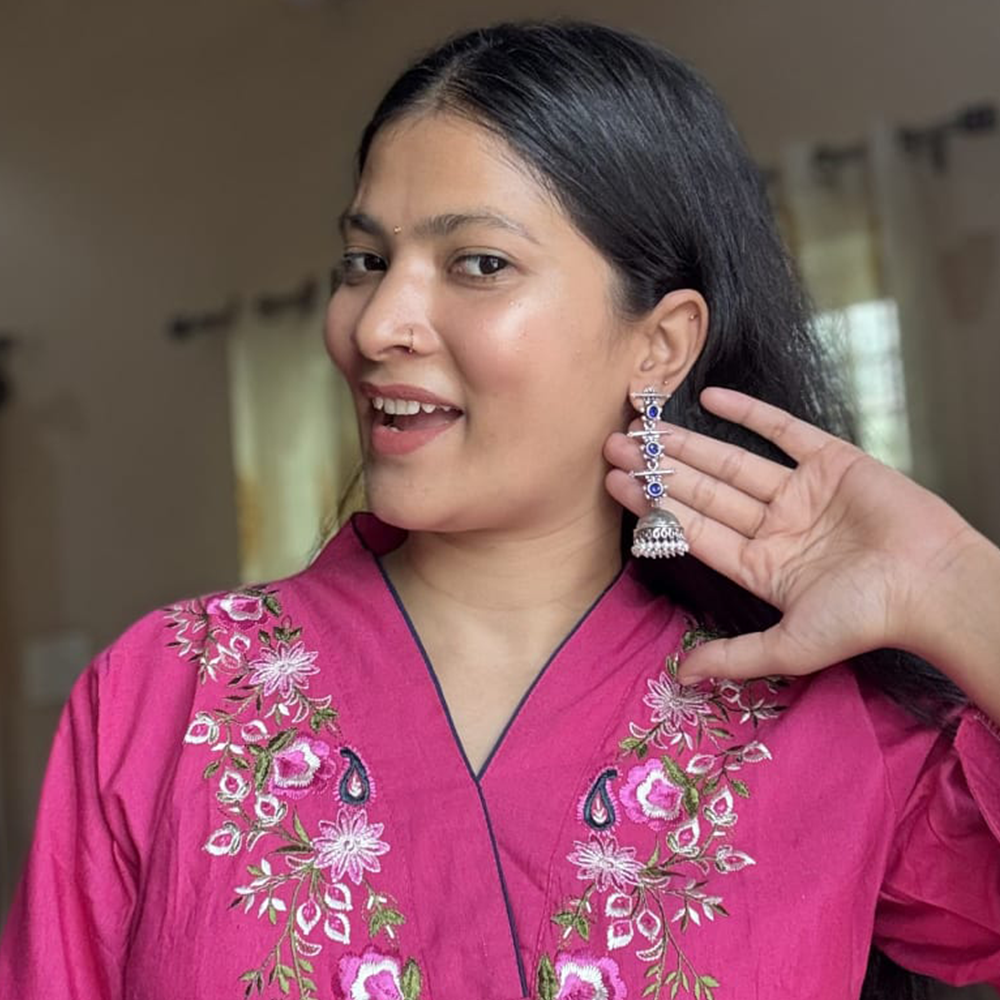Royal Triple Bell Layered Jhumka Earring (Blue)