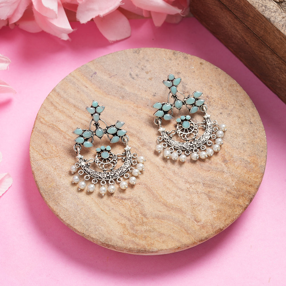 Mint Stone Studded Beautiful Oxidised Danglers With Hanging Baby Pearls