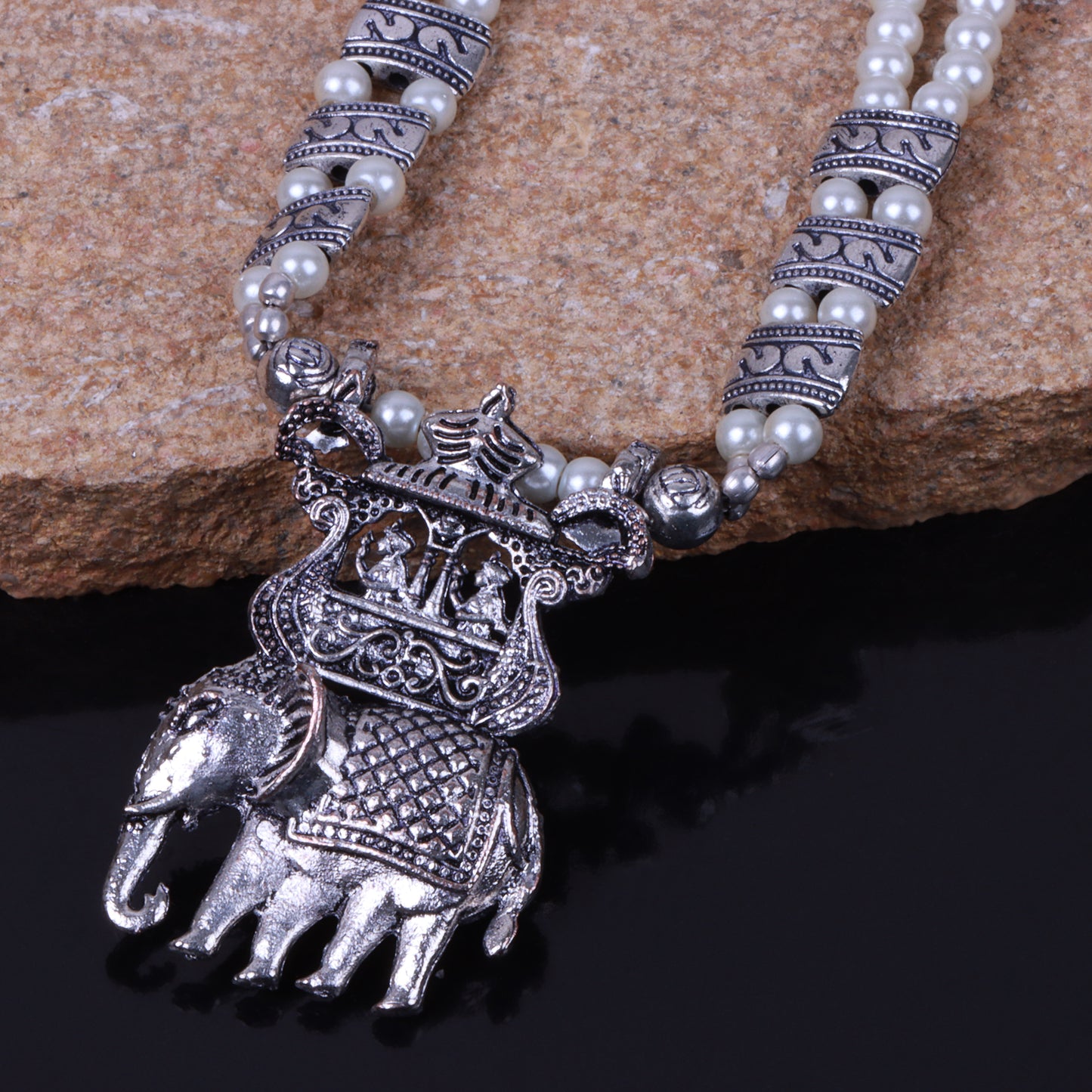 Tusker Tale statement pendant beaded neckpiece (White)