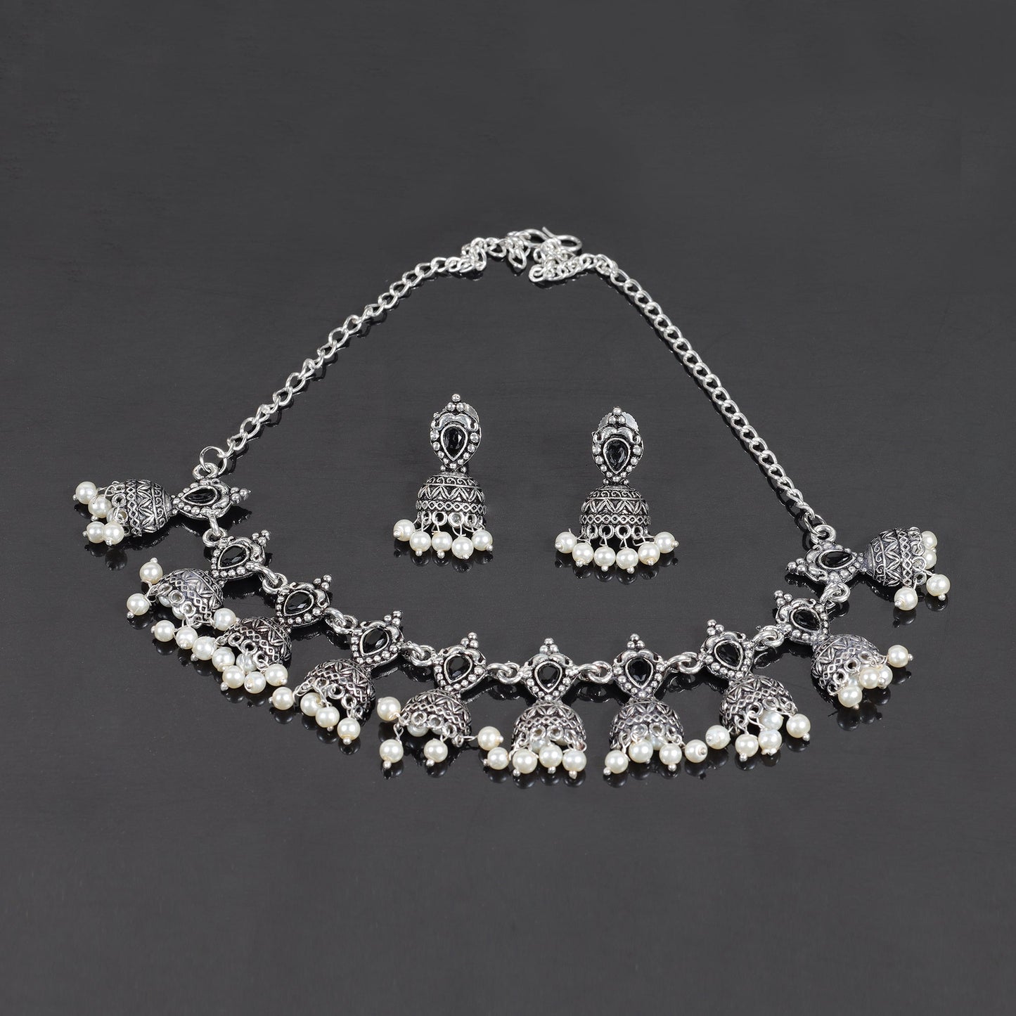 Black Stone studded German Silver Neckpiece set