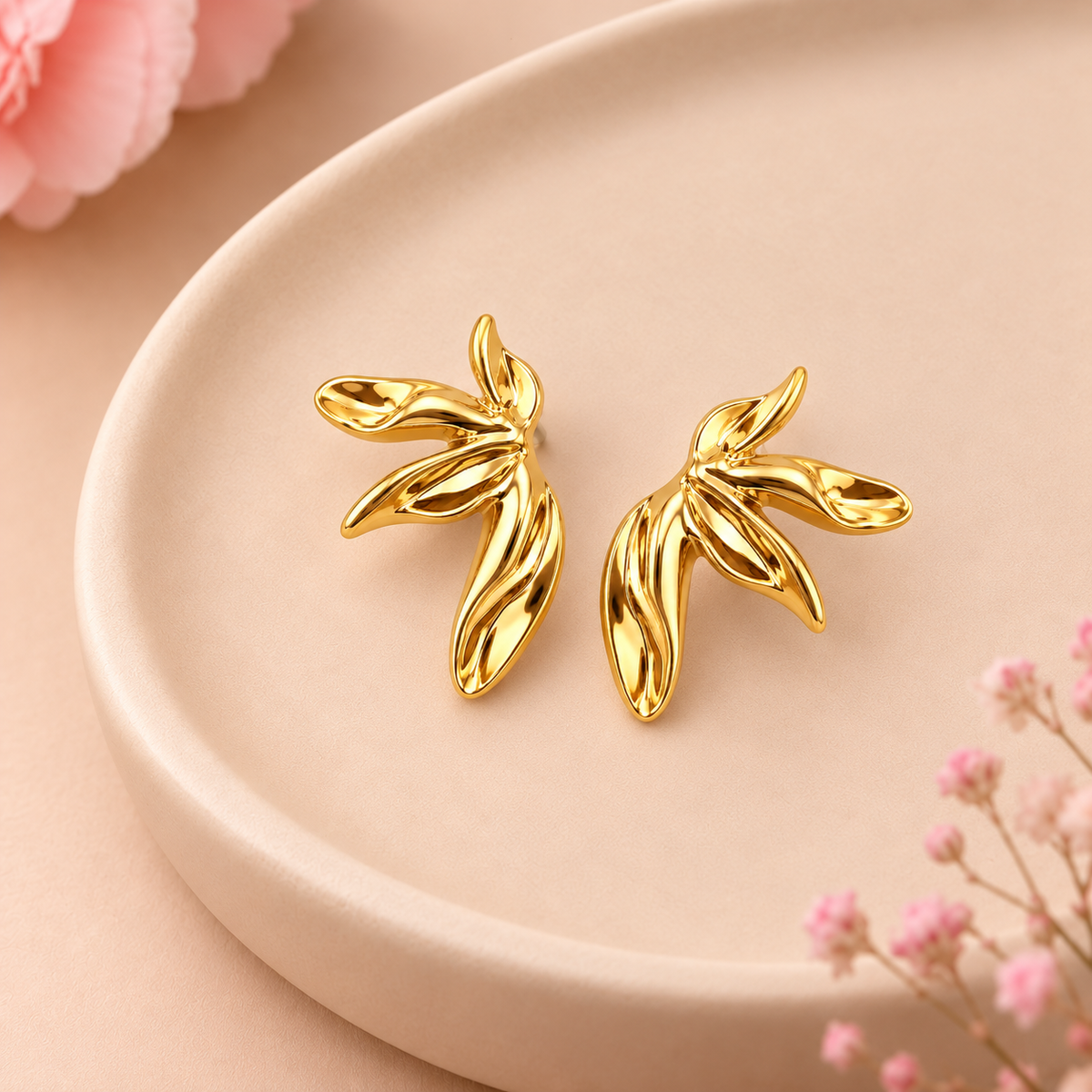 Gold-Tone Sculpted Leaf Statement Anti tarnish Earrings