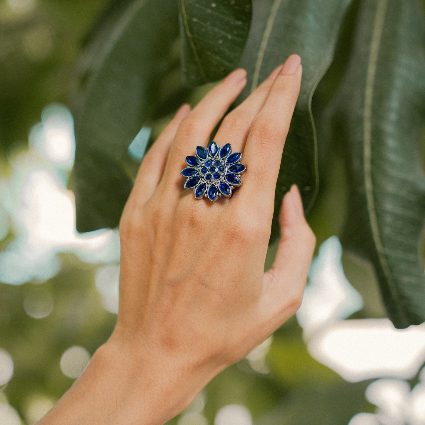 Blue Stone Studded German Silver Adjustable Ring