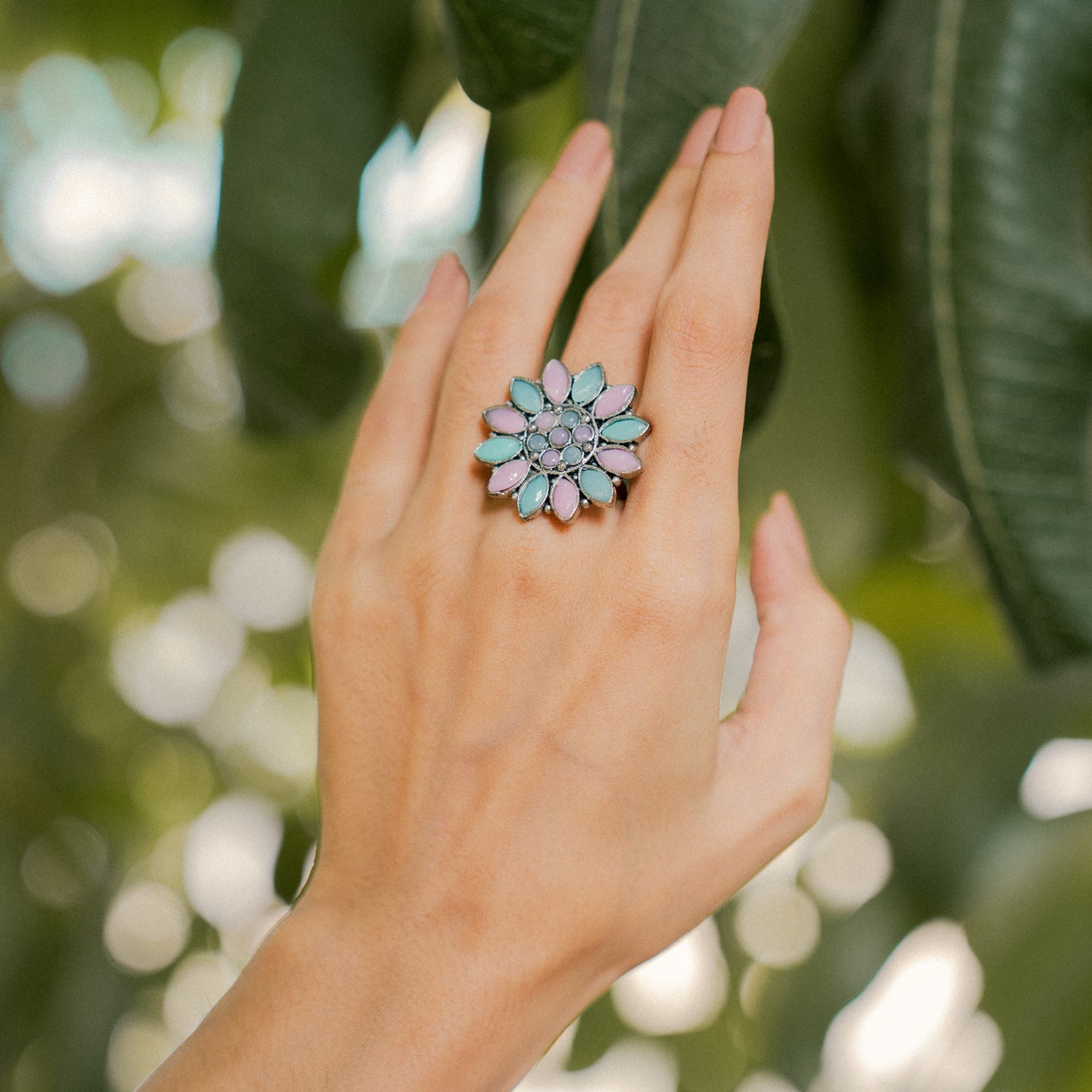 Floral radiance stone studded oxidized rings (Multicolored)