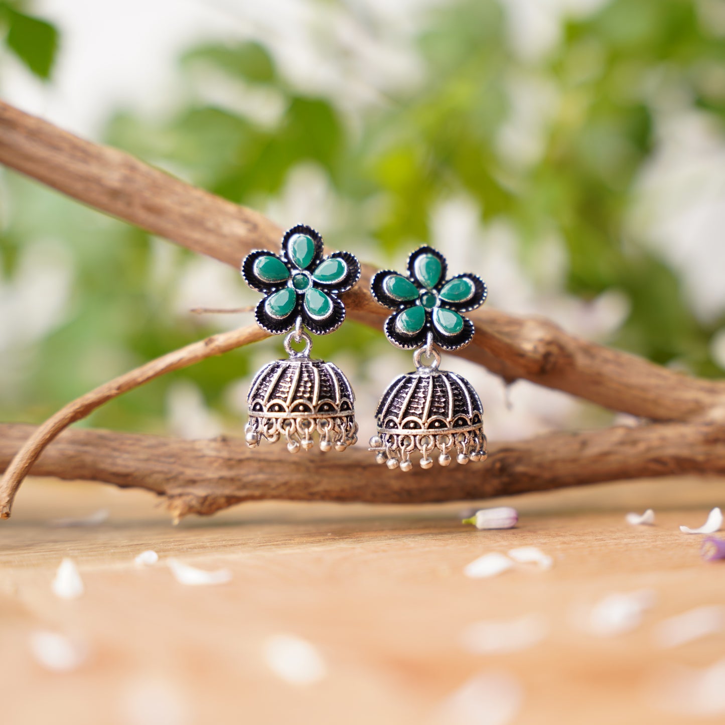 Periwinkle stone studded jhumki earrings (Green)