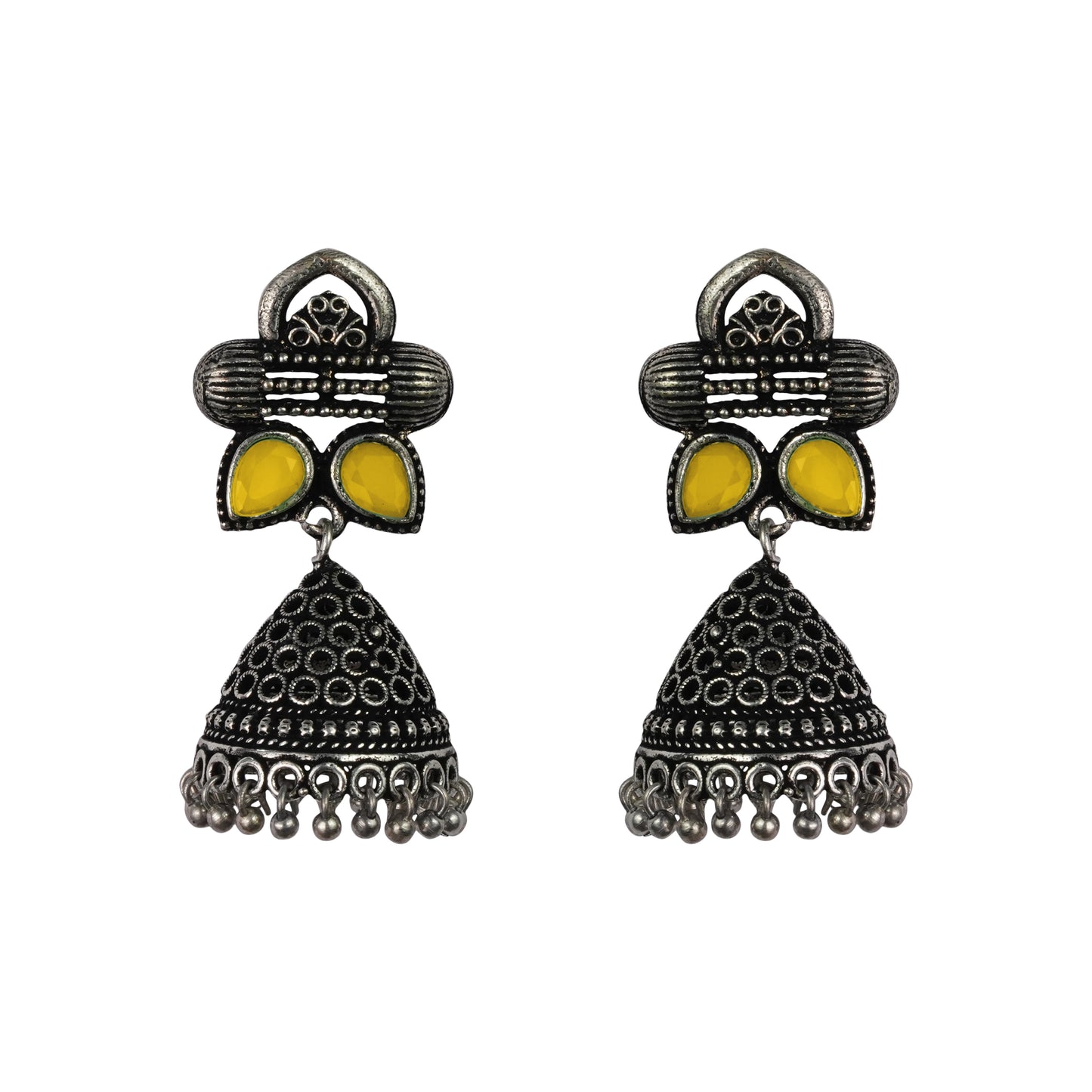 Yellow Stone Studded German Silver Earrings With Brass Jhumki
