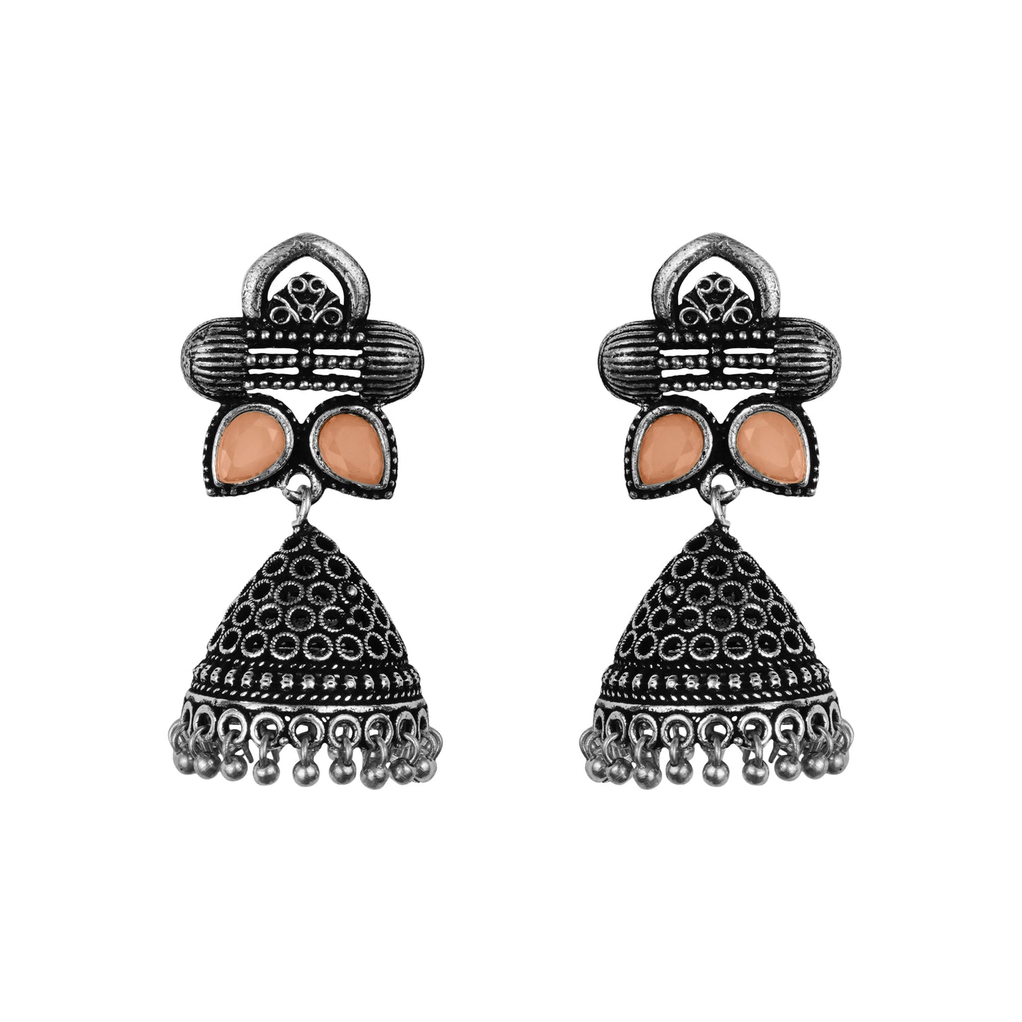 Light Orangish Stone Studded German Silver Earrings With Brass Jhumki
