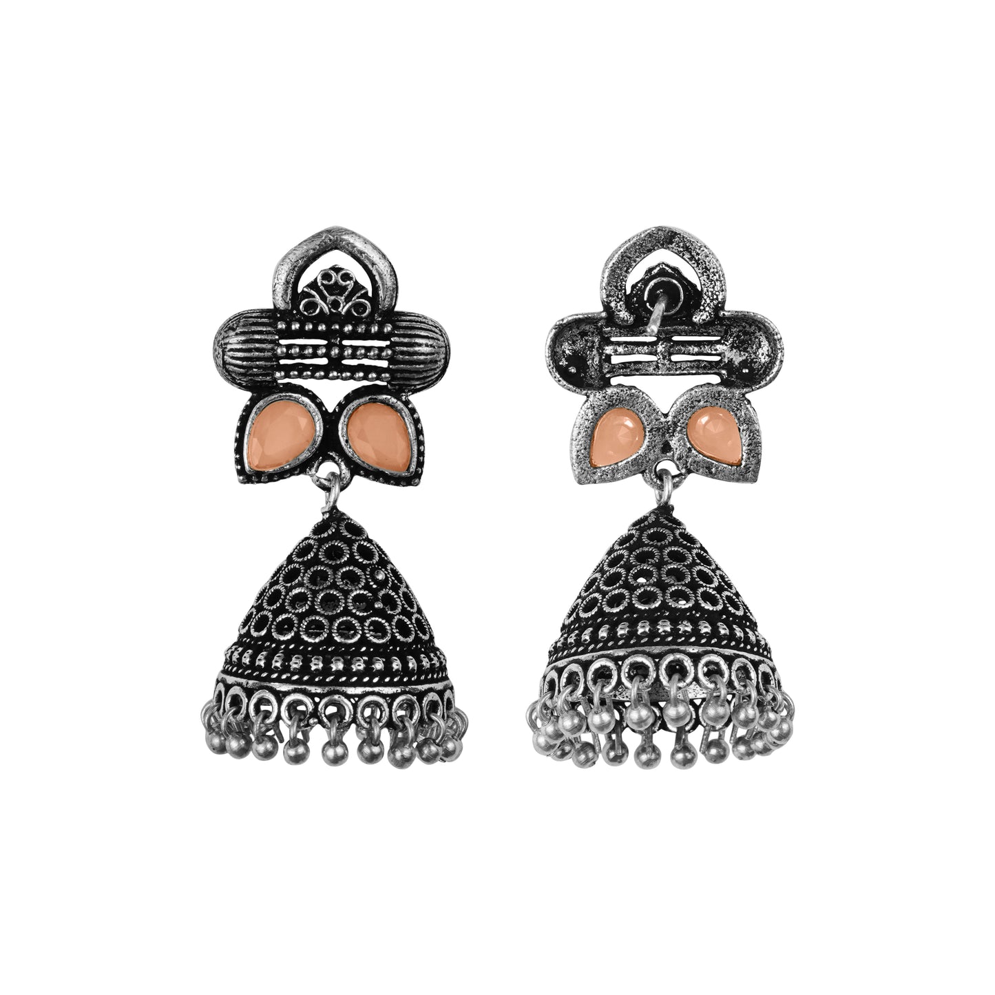 Light Orangish Stone Studded German Silver Earrings With Brass Jhumki