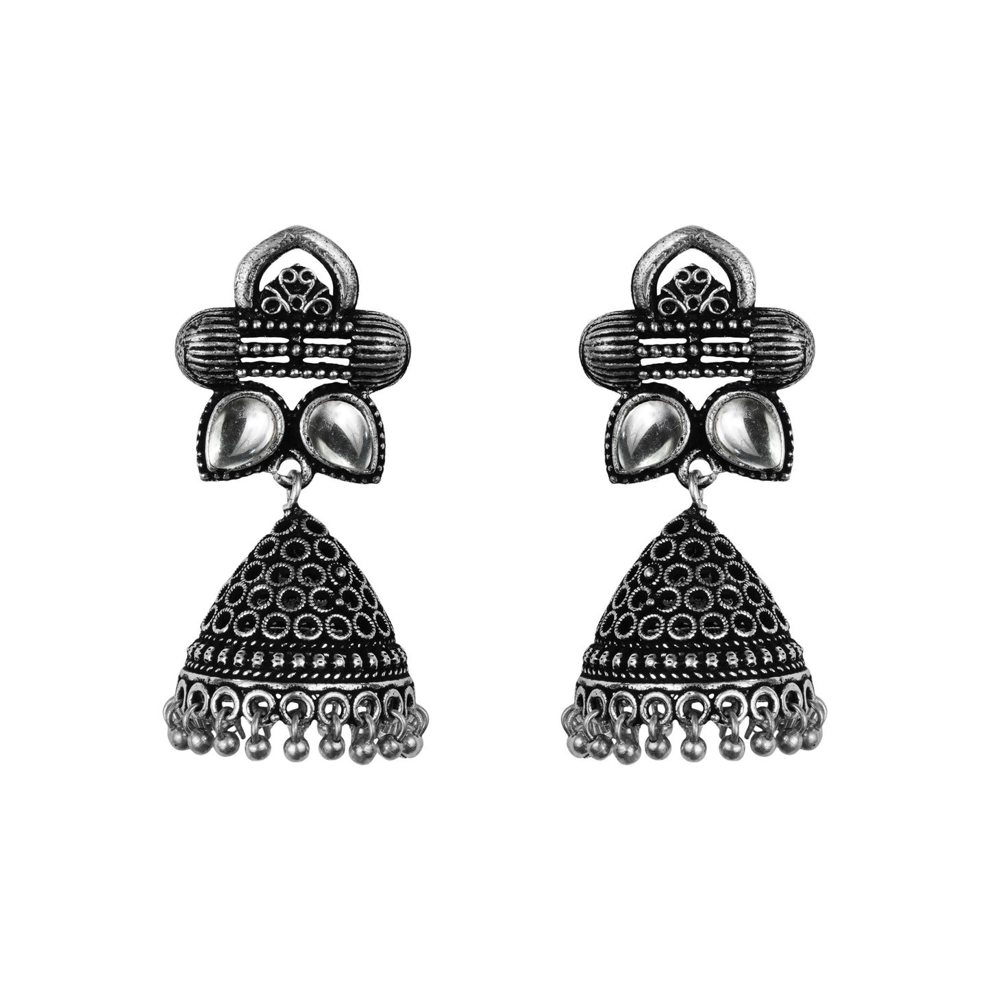White Stone Studded German Silver Earrings With Brass Jhumki