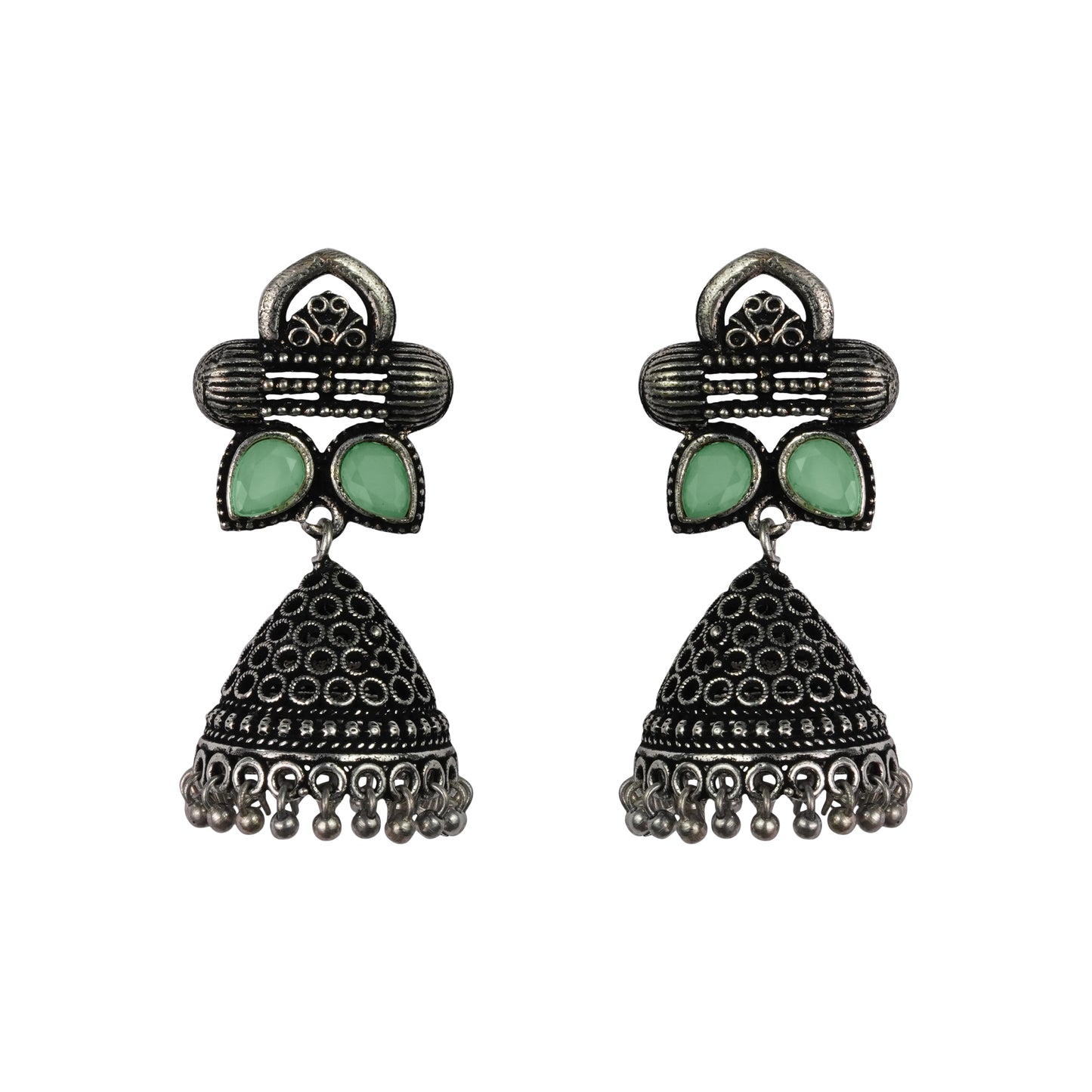 Pista Stone Studded German Silver Earrings With Brass Jhumki