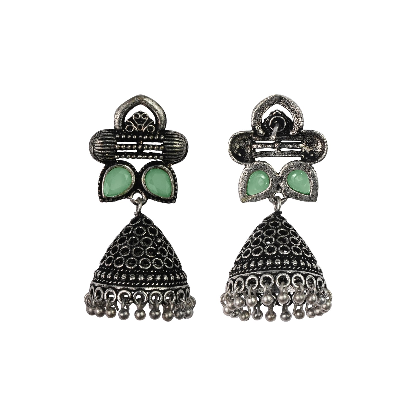 Pista Stone Studded German Silver Earrings With Brass Jhumki