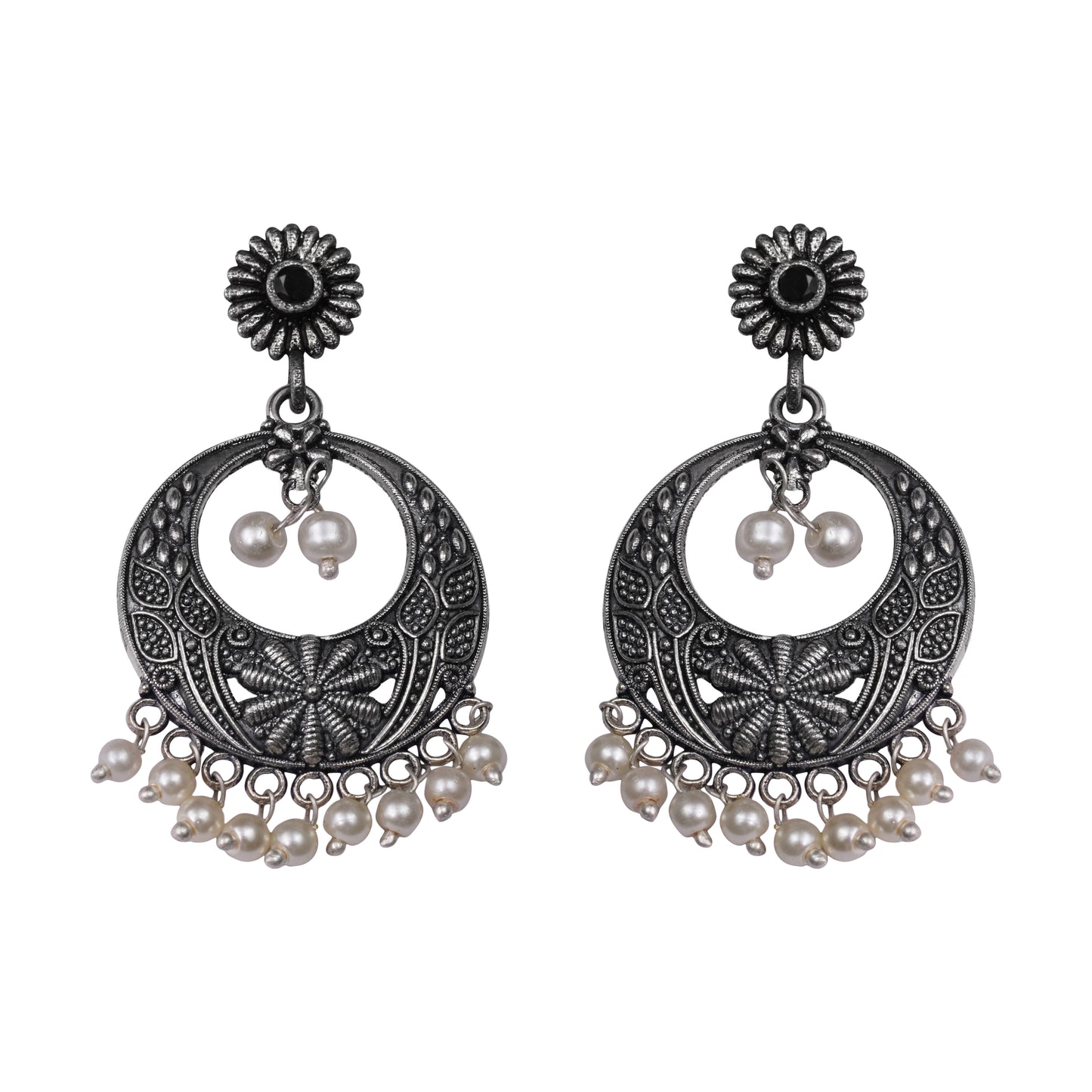 Black Stone Studded Beautiful Oxidised Earrings With Hanging Pearls