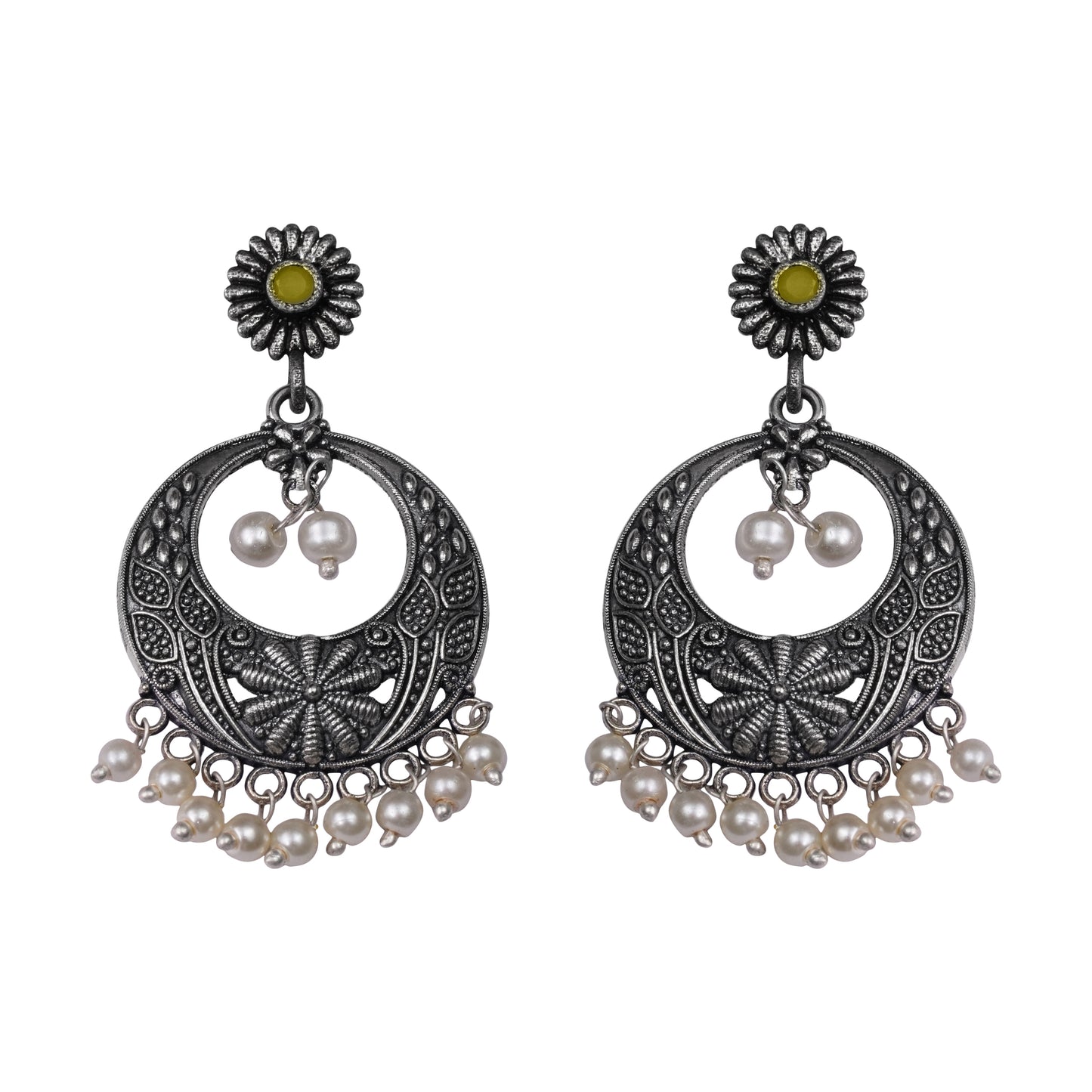 Yellow Stone Studded Beautiful Oxidised Earrings With Hanging Pearls